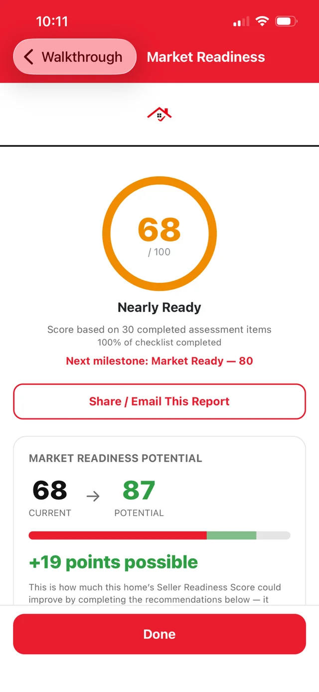 The Market Readiness screen, showing a score of 68 out of 100, labelled Nearly Ready, a potential score of 87 with 19 points possible, and a button to share or email the report.
