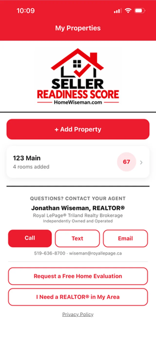 The My Properties screen, showing an example property, 123 Main, with four rooms added and a score of 67.