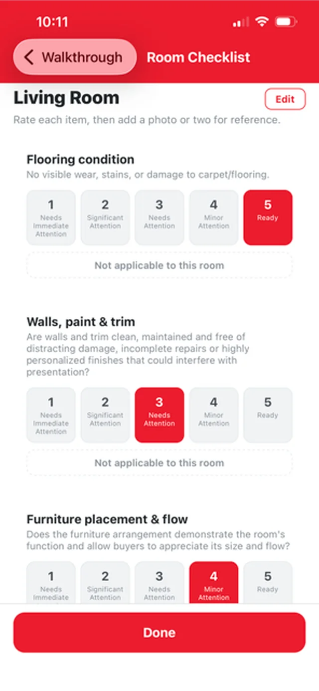 The Room Checklist screen for a living room. Flooring condition; walls, paint and trim; and furniture placement and flow are each rated from 1, needs immediate attention, to 5, ready.